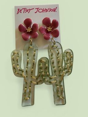 Betsey Johnson Pink Flower with Green Cactus Drop Earrings